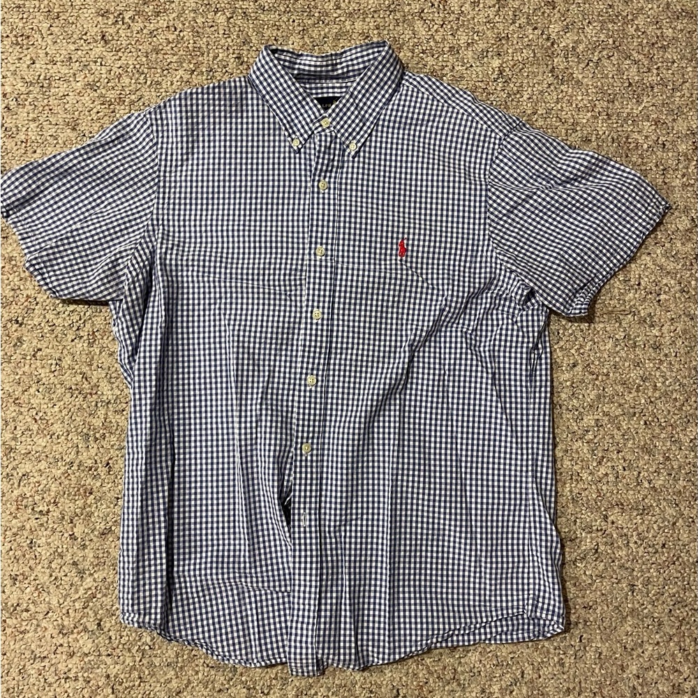 Polo - Short-Sleeve Button-Down. 
Size - Large. 
Color - Blue & White